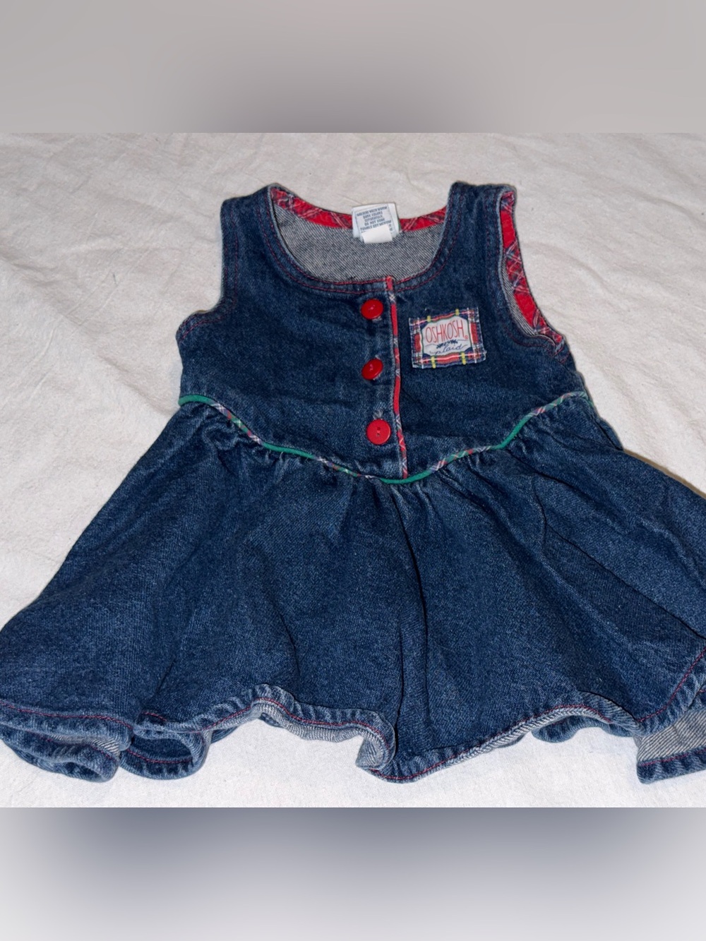 Vintage OshKosh B'gosh Dark Blue Denim Dress with Red Trim and Buttons